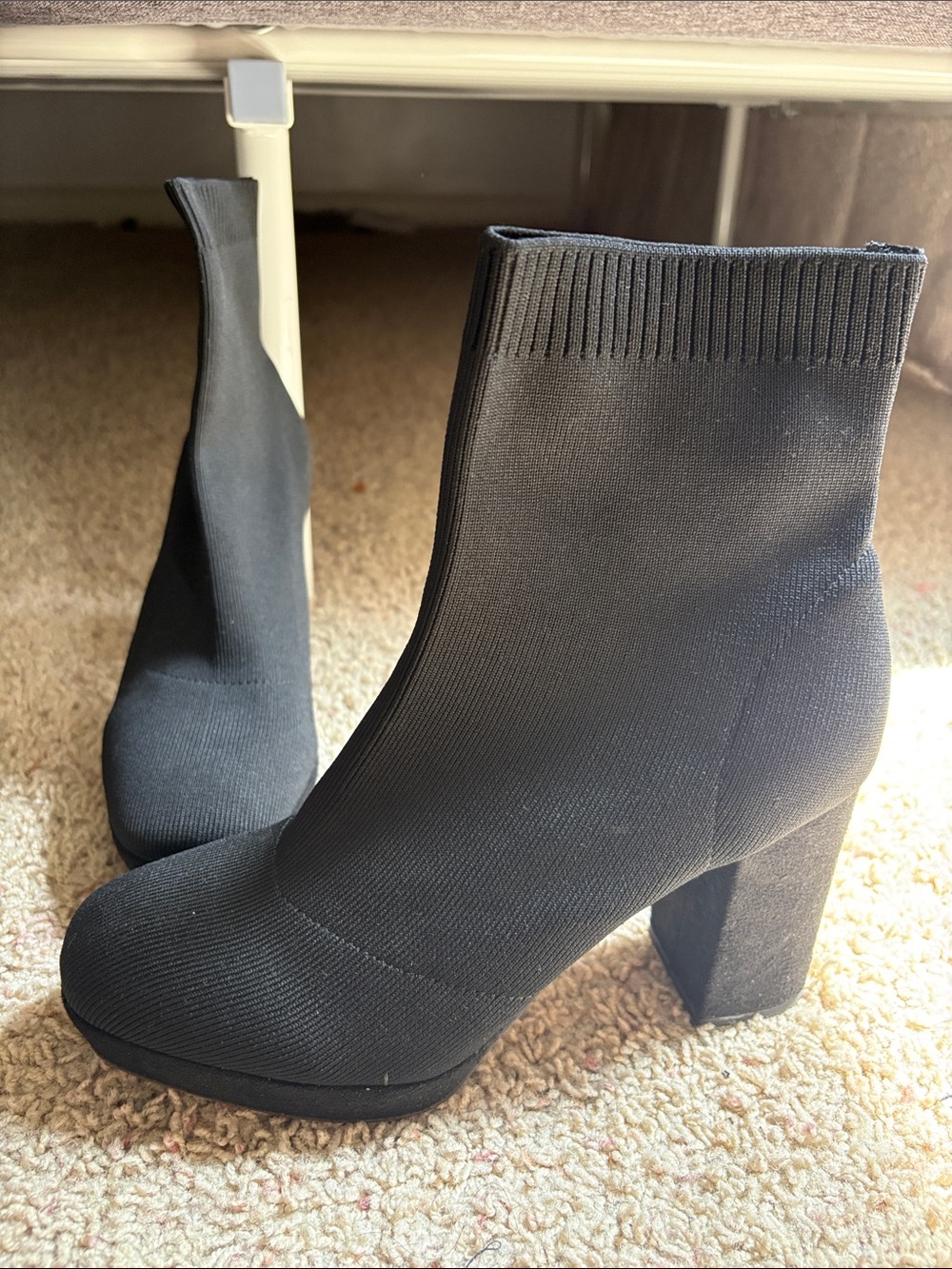 Black Stretch Knit Block Heel Ankle Boots